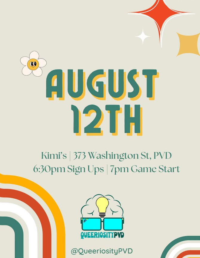 Event announcement for August 12th at Kimi's, including sign-up and game start times.
