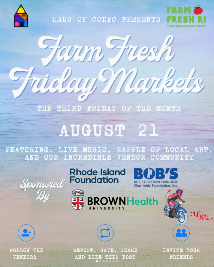 Event flyer for Farm Fresh Friday Markets on August 21, featuring live music, local art raffle, and vendors.