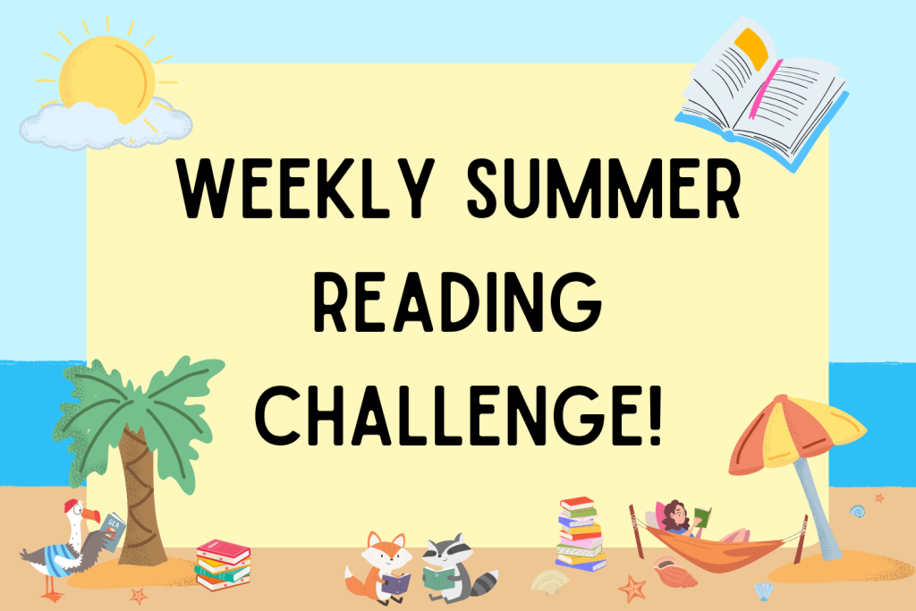 Colorful summer reading challenge poster featuring animals, books, and a person relaxing in a hammock.