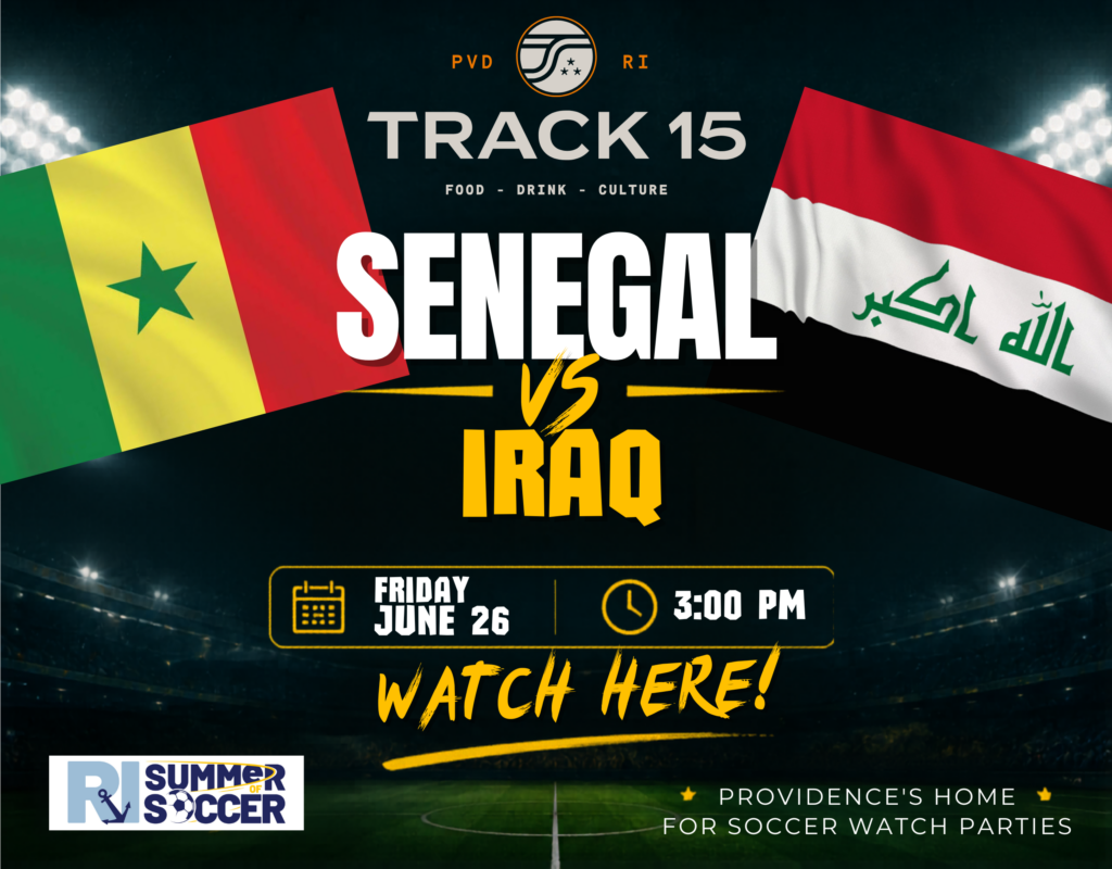 Flags of Senegal and Iraq with text announcing a soccer match on June 26 at 3:00 PM.