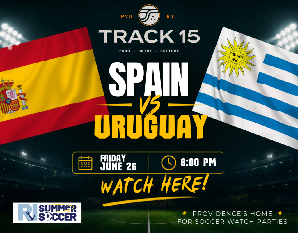 Flags of Spain and Uruguay with event details for a soccer watch party on June 26 at 8:00 PM.