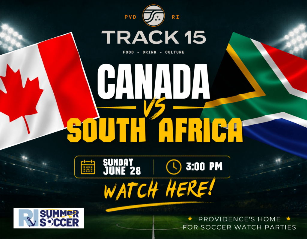 Flags of Canada and South Africa with text announcing a soccer match on June 28 at 3:00 PM.