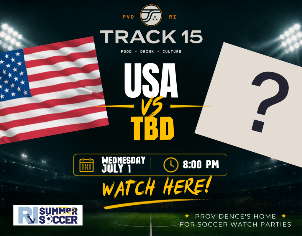USA soccer match against TBD on July 1 at 8:00 PM. Watch party details included.