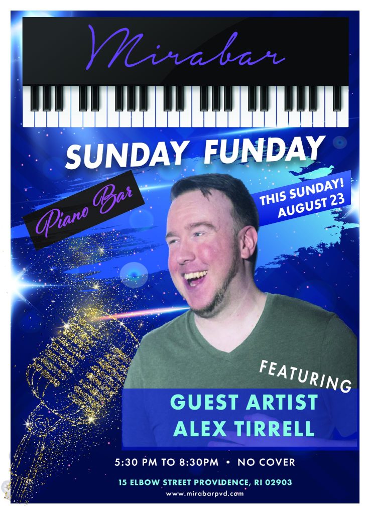 Promotional poster for Mirabar's Sunday Funday featuring guest artist Alex Tirrell, August 23, 5:30 PM to 8:30 PM.