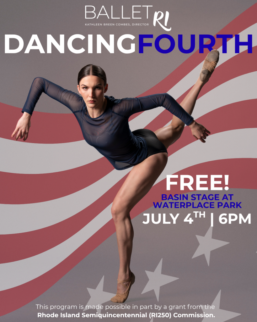 A dancer poses dramatically against a backdrop of red, white, and blue, promoting a July 4th event.