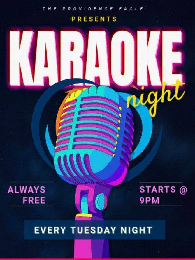 Karaoke night poster featuring a colorful microphone. Event every Tuesday at 9 PM, free entry.