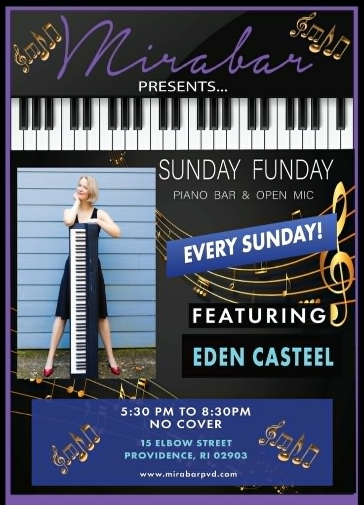 A woman in a black dress poses with a keyboard, promoting a piano bar event featuring Eden Casteel.