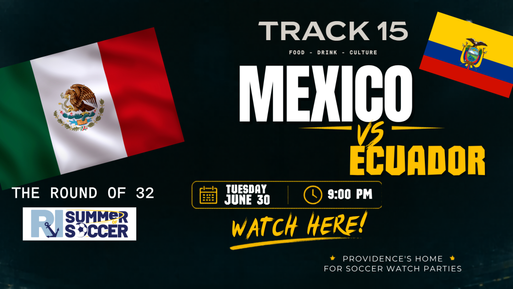 Promotional graphic for Mexico vs. Ecuador soccer match on June 30 at 9:00 PM. Watch at Track 15.