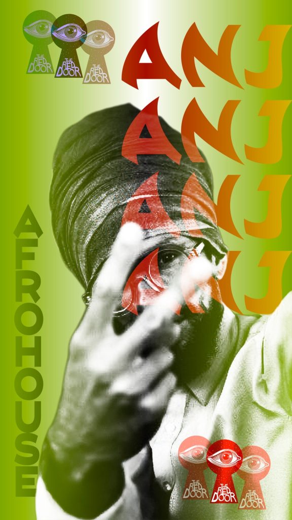 A person in a headwrap makes a peace sign, surrounded by colorful text and keyhole graphics.