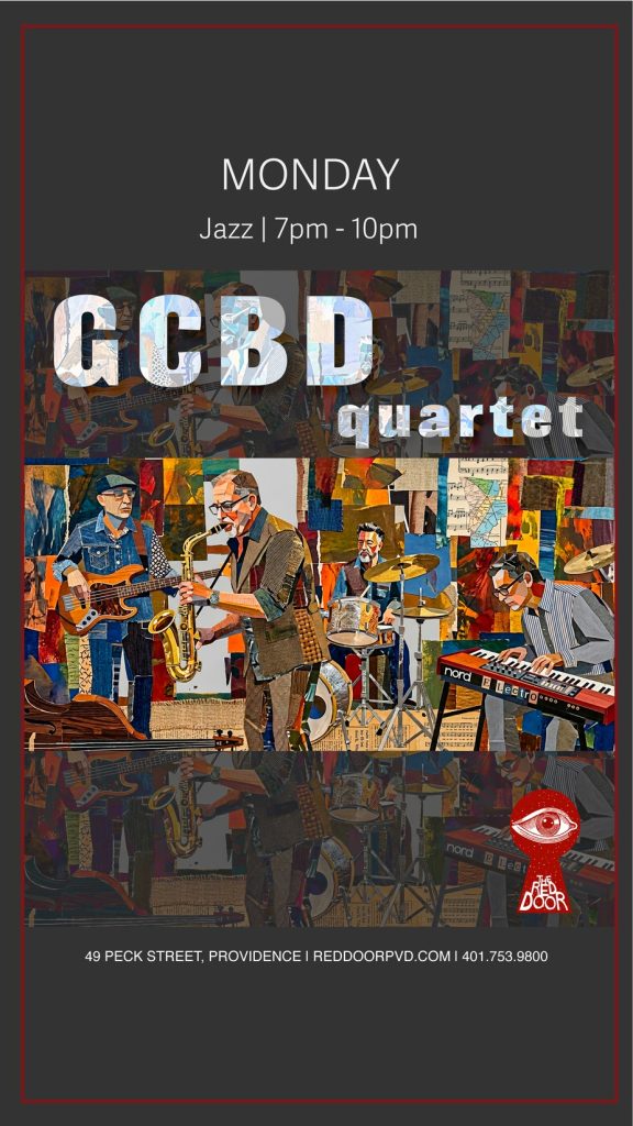 GCBD quartet performs jazz with saxophone, guitar, keyboard, and drums. Event details included.