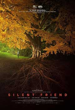 A person stands near a large, vibrant tree with autumn leaves, suggesting a serene outdoor setting.
