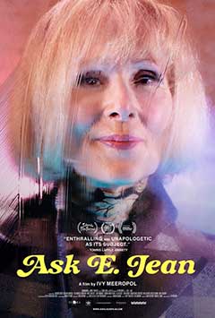 A woman with short blonde hair gazes thoughtfully, layered with colorful visual effects. Title: "Ask E. Jean.