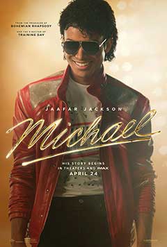 A young man in a red jacket and sunglasses poses confidently, promoting a film titled "Michael.