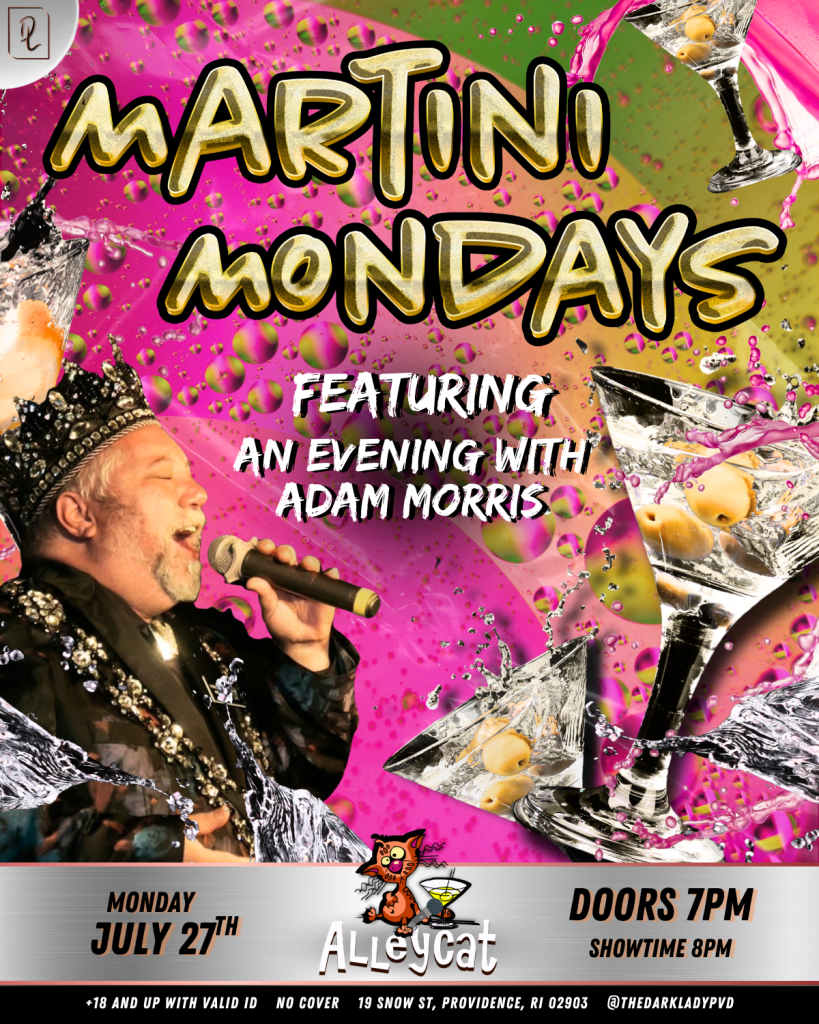 A performer sings into a microphone at a lively event promoting "Martini Mondays" featuring Adam Morris.