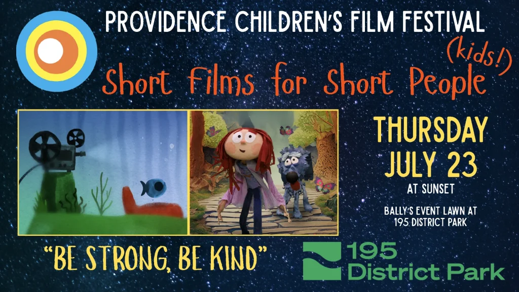 Colorful promotional graphic for a children's film festival featuring animated characters and a film projector.