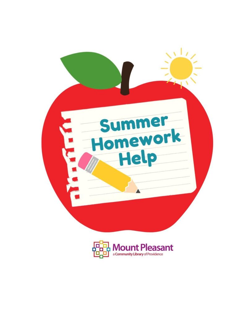 Red apple graphic with a notepad labeled "Summer Homework Help" and a pencil, featuring a sun and library logo.