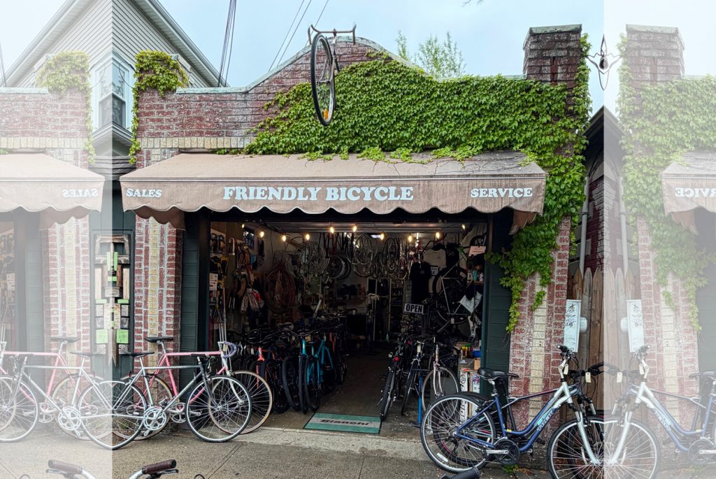 Bicycle shop exterior with various bikes displayed outside and a sign reading "Friendly Bicycle.