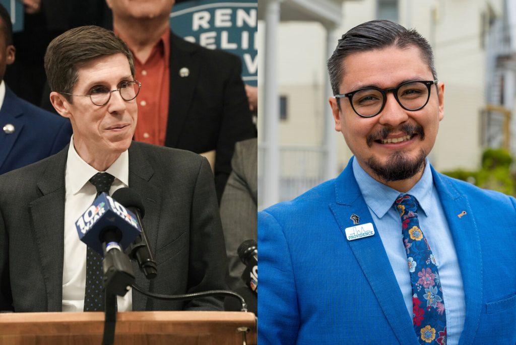 Two men are featured: one speaks at a podium, while the other smiles outdoors, wearing a blue suit and floral tie.