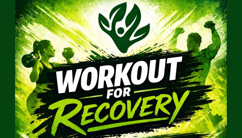 A woman lifts weights, promoting a "Workout for Recovery" theme with vibrant green graphics.