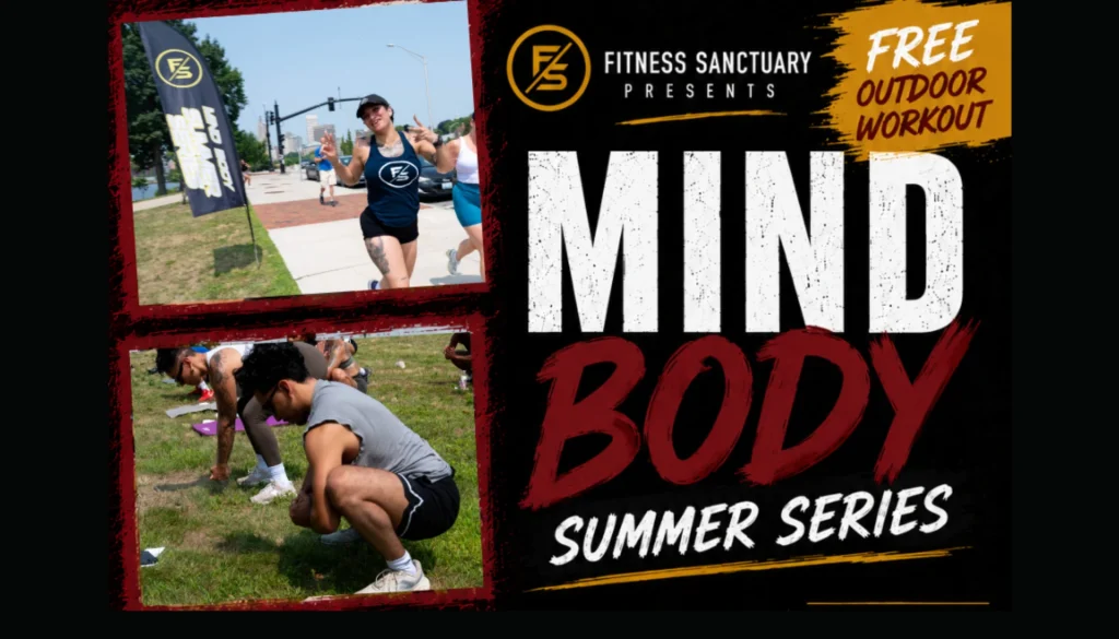 Participants engage in outdoor fitness activities, including running and squatting, promoting a summer workout series.