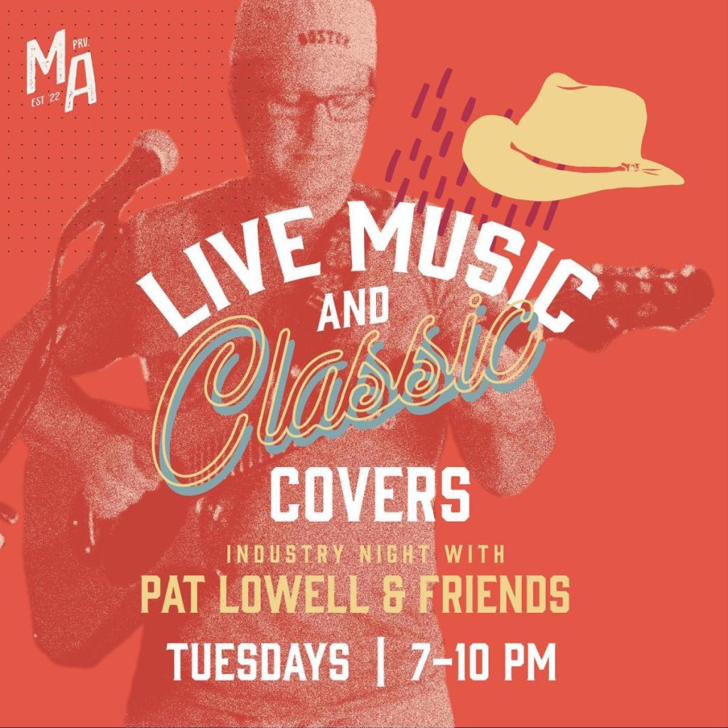 Musician playing guitar, promoting live music and classic covers event on Tuesdays from 7-10 PM.