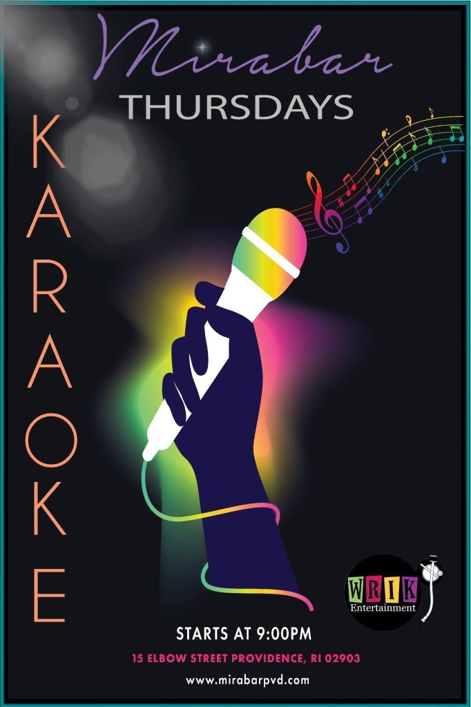 Colorful poster advertising karaoke night at Mirabar, featuring a hand holding a microphone. Event details included.