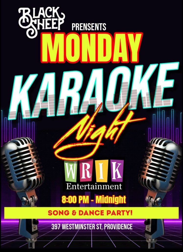 Karaoke night event poster featuring microphones, details about time, location, and entertainment.