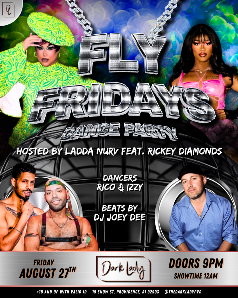 A vibrant dance party poster featuring hosts, dancers, and DJ details for "Fly Fridays" at Dark Lady.
