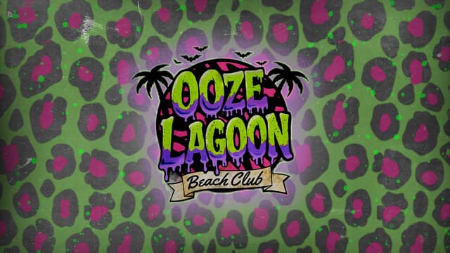 Colorful logo for "Ooze Lagoon Beach Club" with palm trees and a leopard print background.