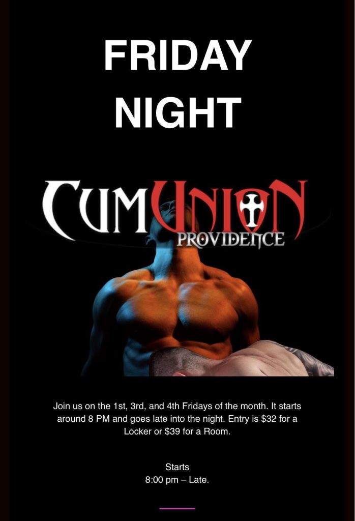 Text promotes a Friday night event at CumUnion Providence, detailing entry fees and start time.
