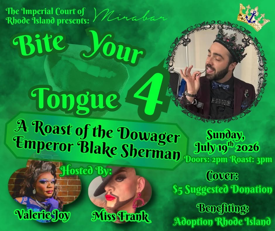 Event poster for "Bite Your Tongue 4," featuring hosts Valerie Joy and Miss Frank, promoting a roast of Emperor Blake Sherman.