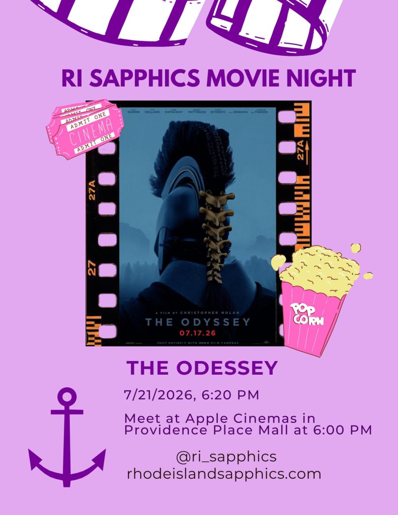 Event poster for RI Sapphics Movie Night featuring "The Odyssey," details about time and location.