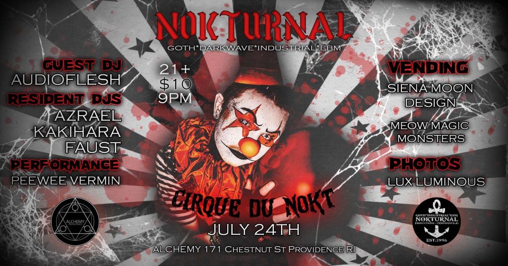 Promotional flyer for Nokturnal event featuring a clown, DJ names, performance details, and vendor information.