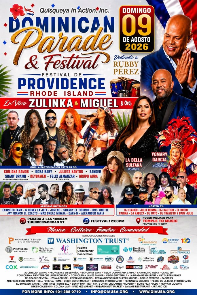 Promotional poster for the Dominican Parade and Festival in Providence, featuring performers and event details.
