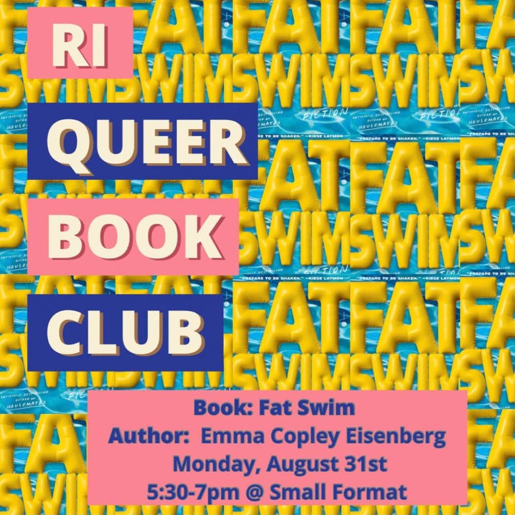 Text promotes a queer book club discussing "Fat Swim" by Emma Copley Eisenberg on August 31st.