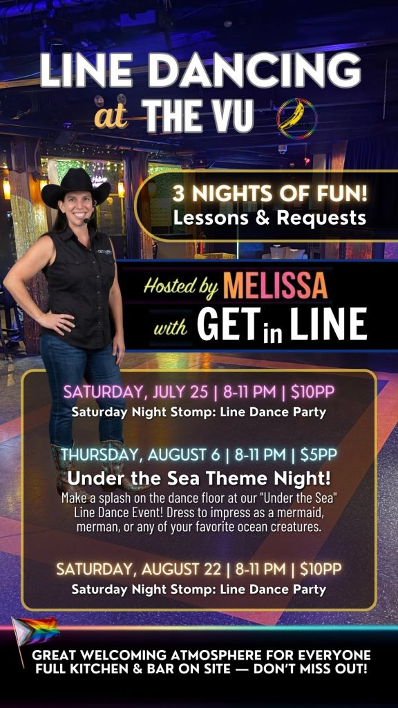 A woman in a cowboy hat hosts a line dancing event at The VU, promoting themed nights and lessons.