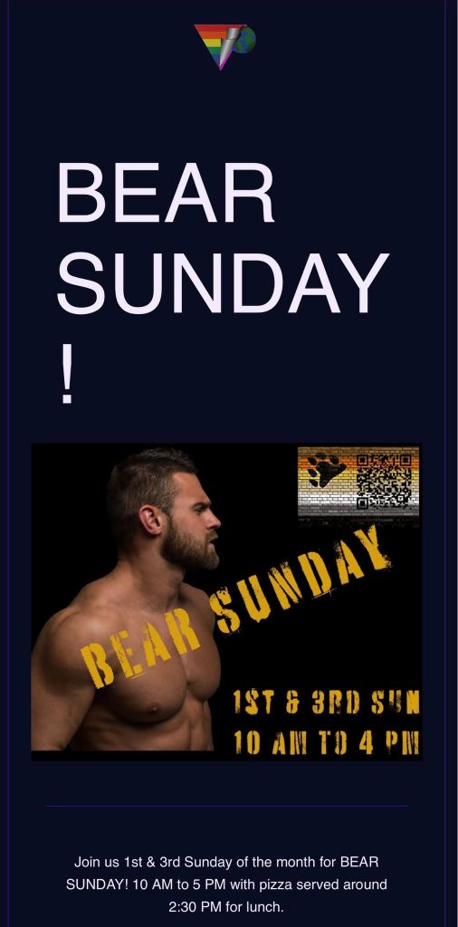 Promotional graphic for Bear Sunday event, featuring a muscular man and event details.