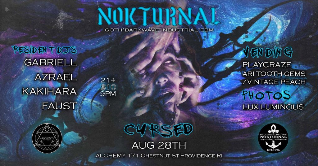 Promotional flyer for "NOKTURNA" event featuring DJs, vendors, and photography details. Event date and location included.