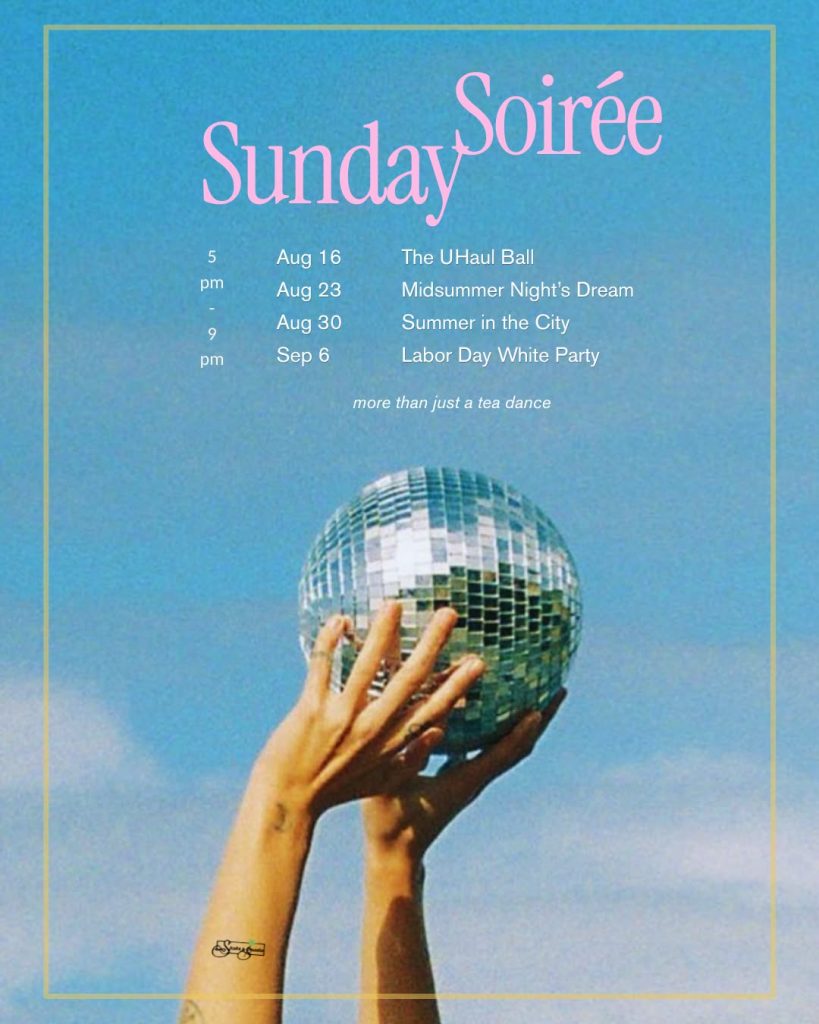Hands hold a disco ball against a blue sky, promoting a Sunday Soirée event with dates and themes.