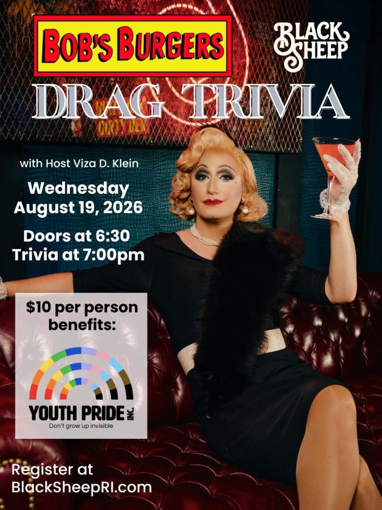 A drag performer holds a cocktail, promoting a trivia event benefiting Youth Pride, Inc. at Black Sheep.