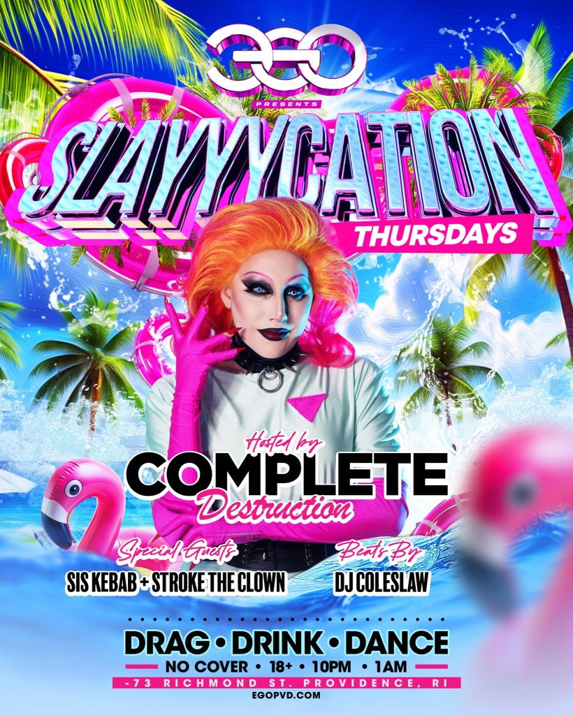 A drag event poster featuring a performer with vibrant hair and makeup, promoting music and special guests.