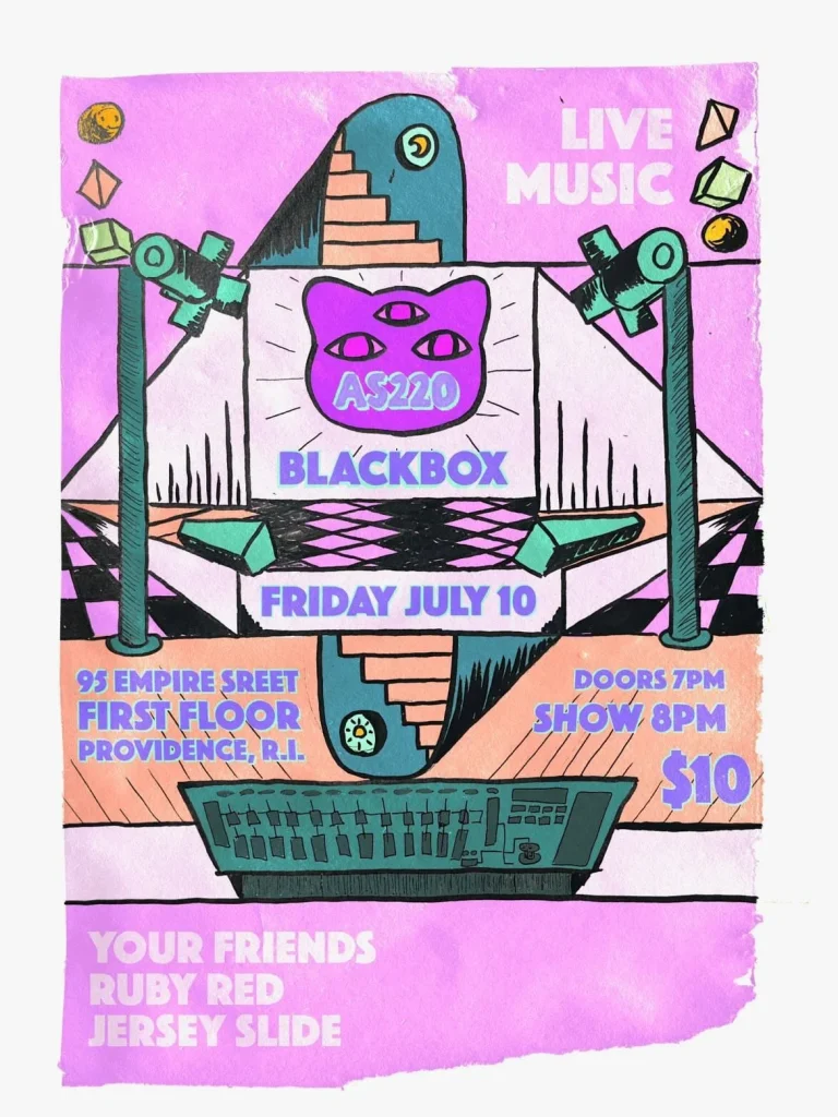 Colorful concert poster for AS220 Blackbox featuring live music on July 10. Lists performers and event details.