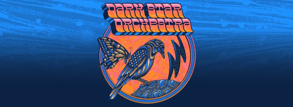 Colorful logo features a bird and turtle, with "Dark Star Orchestra" text above. Background is a gradient of blue.