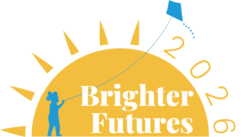 A child flies a kite under a sun, with "Brighter Futures 2026" prominently displayed.
