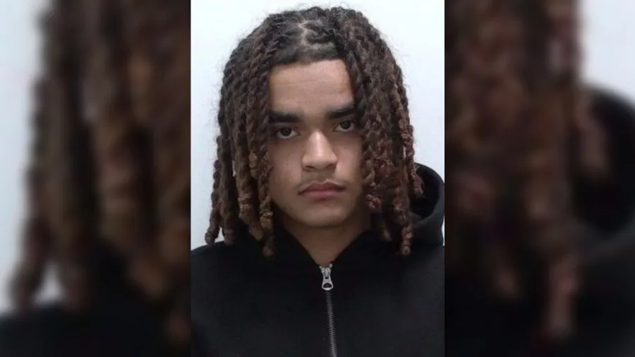 A young man with braided hair stares directly at the camera, wearing a black zip-up hoodie.