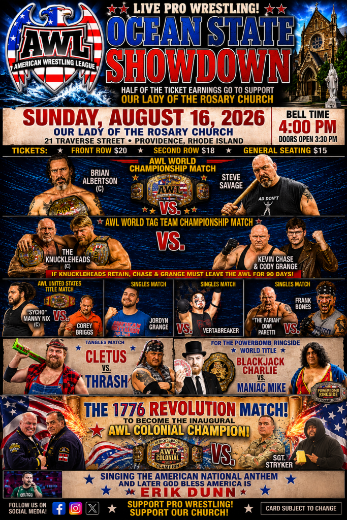 Promotional poster for AWL wrestling event featuring matches, dates, ticket prices, and participants.