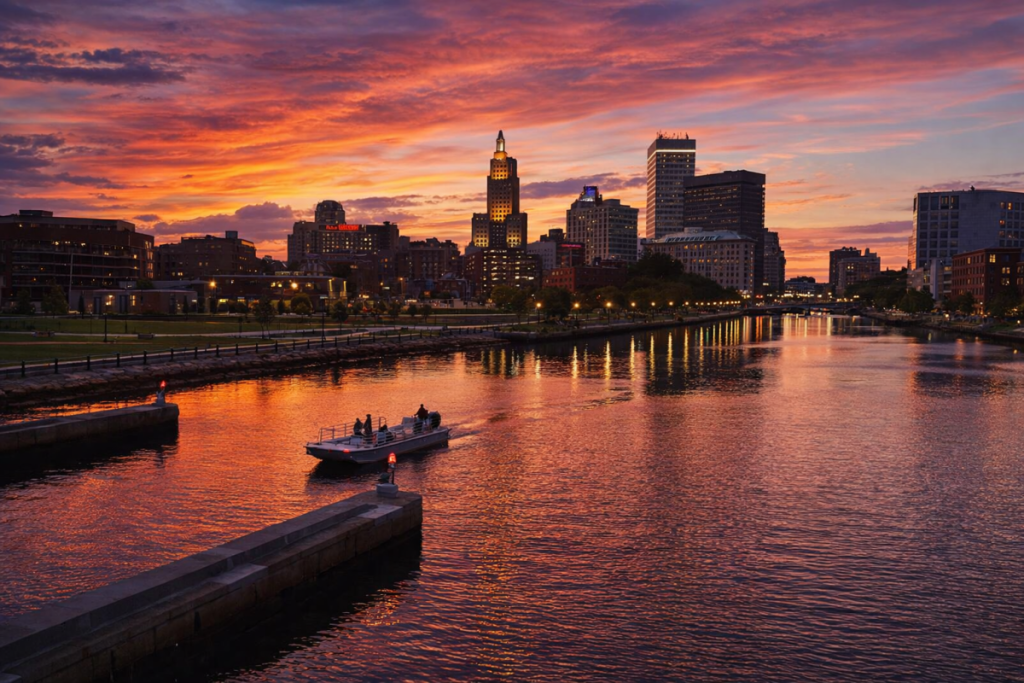 Sunset over a city skyline with a boat on the river, reflecting vibrant colors.