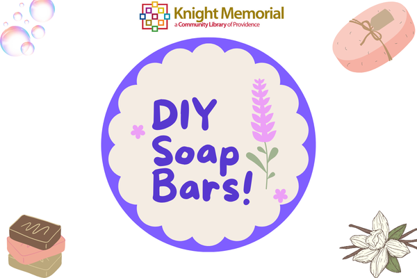 Text promotes a DIY soap bar event, featuring colorful soap illustrations and floral accents.