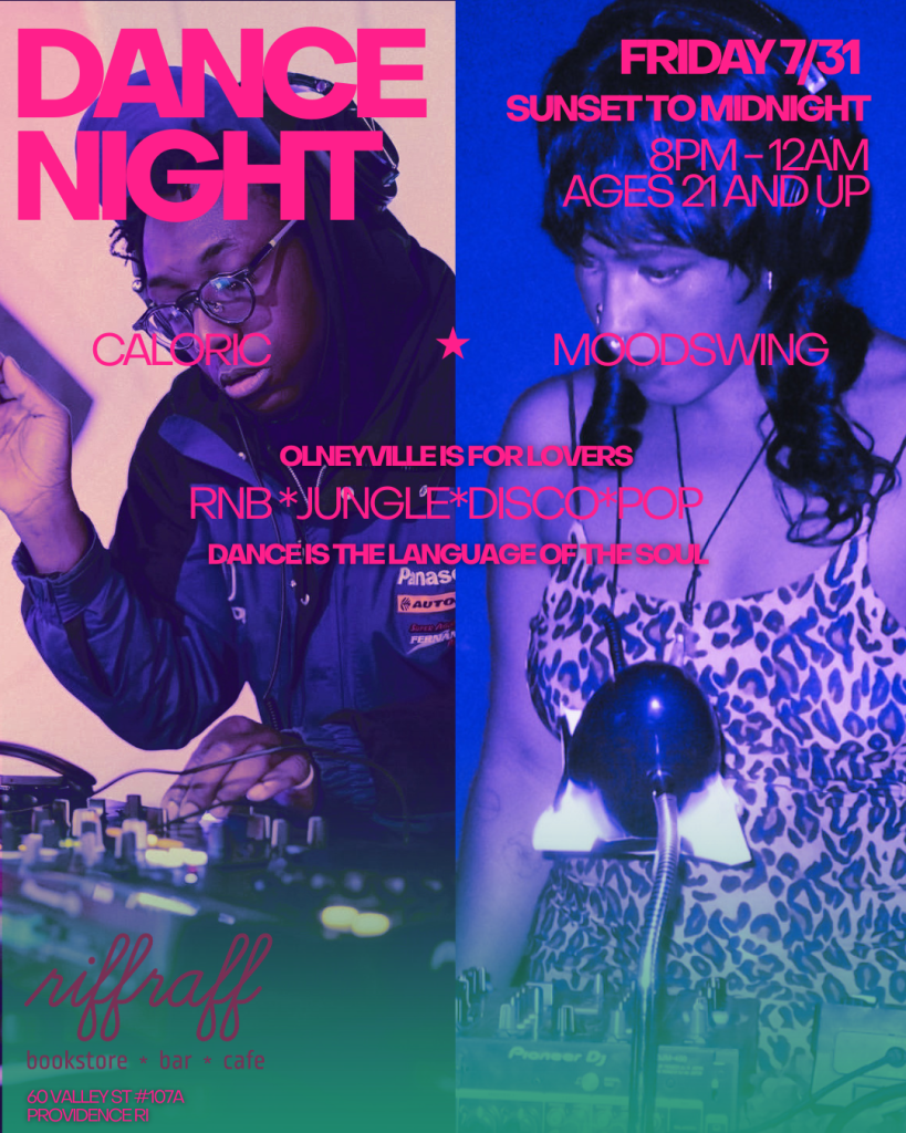 Two DJs, Caloric and Moodswing, perform at a vibrant dance night event.