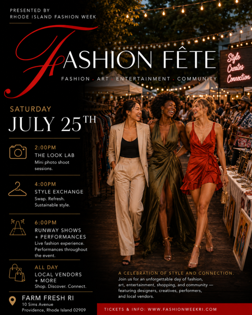Three women in stylish outfits smile and pose together at an outdoor fashion event. String lights illuminate the background.